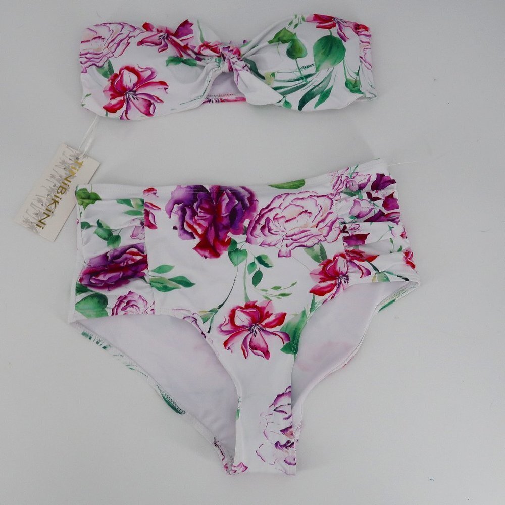 Tini Bikini Swimwear Floral Bikini White Purple Green Size Medium NWT